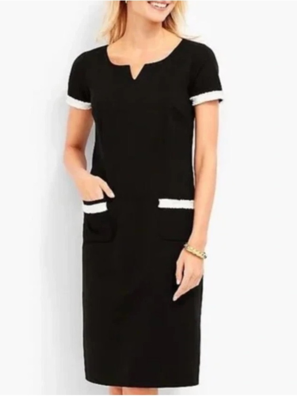 Talbots Short Sleeve Black Ponte Knit Dress Tweed fringe detail Career Church 12